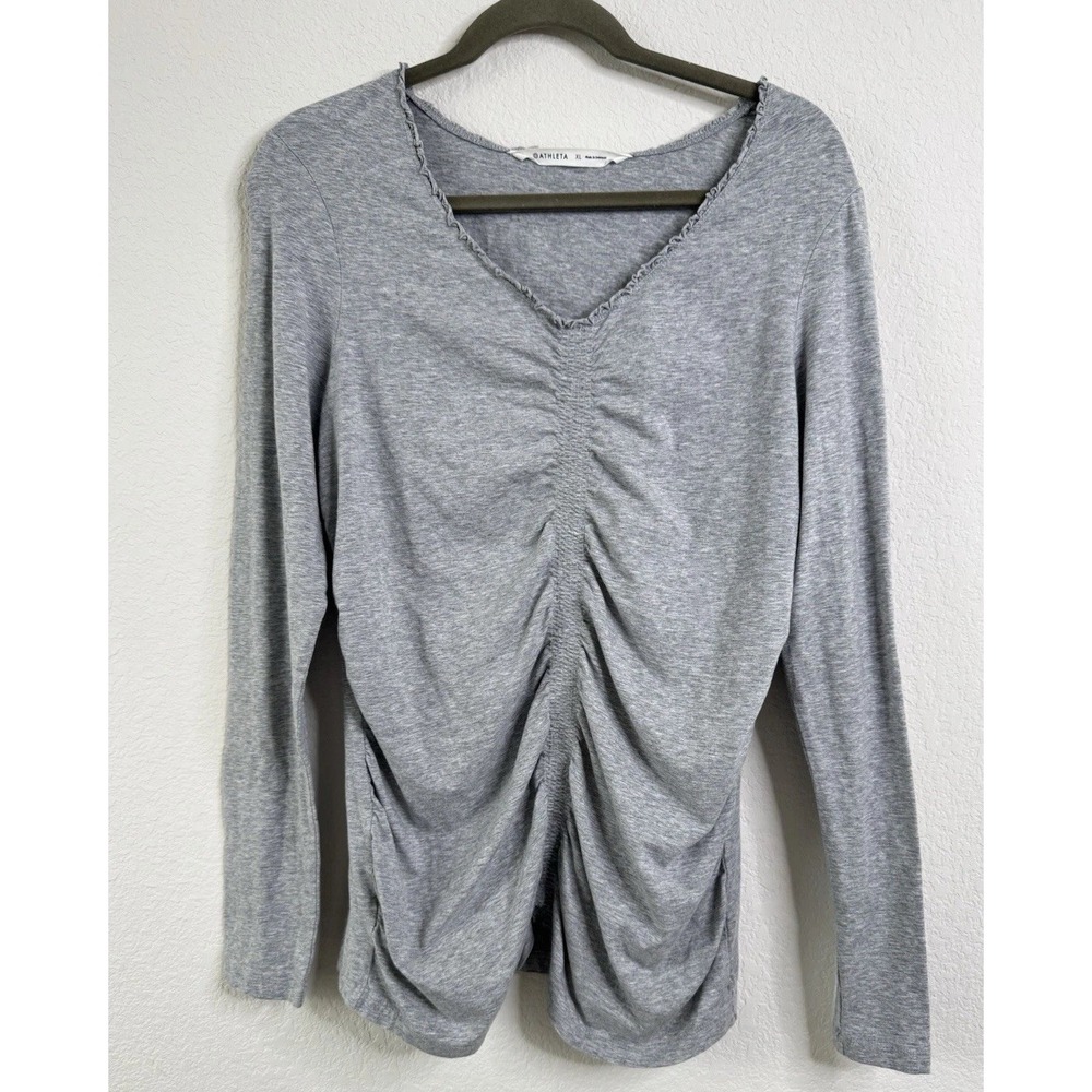 Athleta Women's‎ Ruched Long Sleeve Top XL Gray V Neck Stretch Active Athleisure